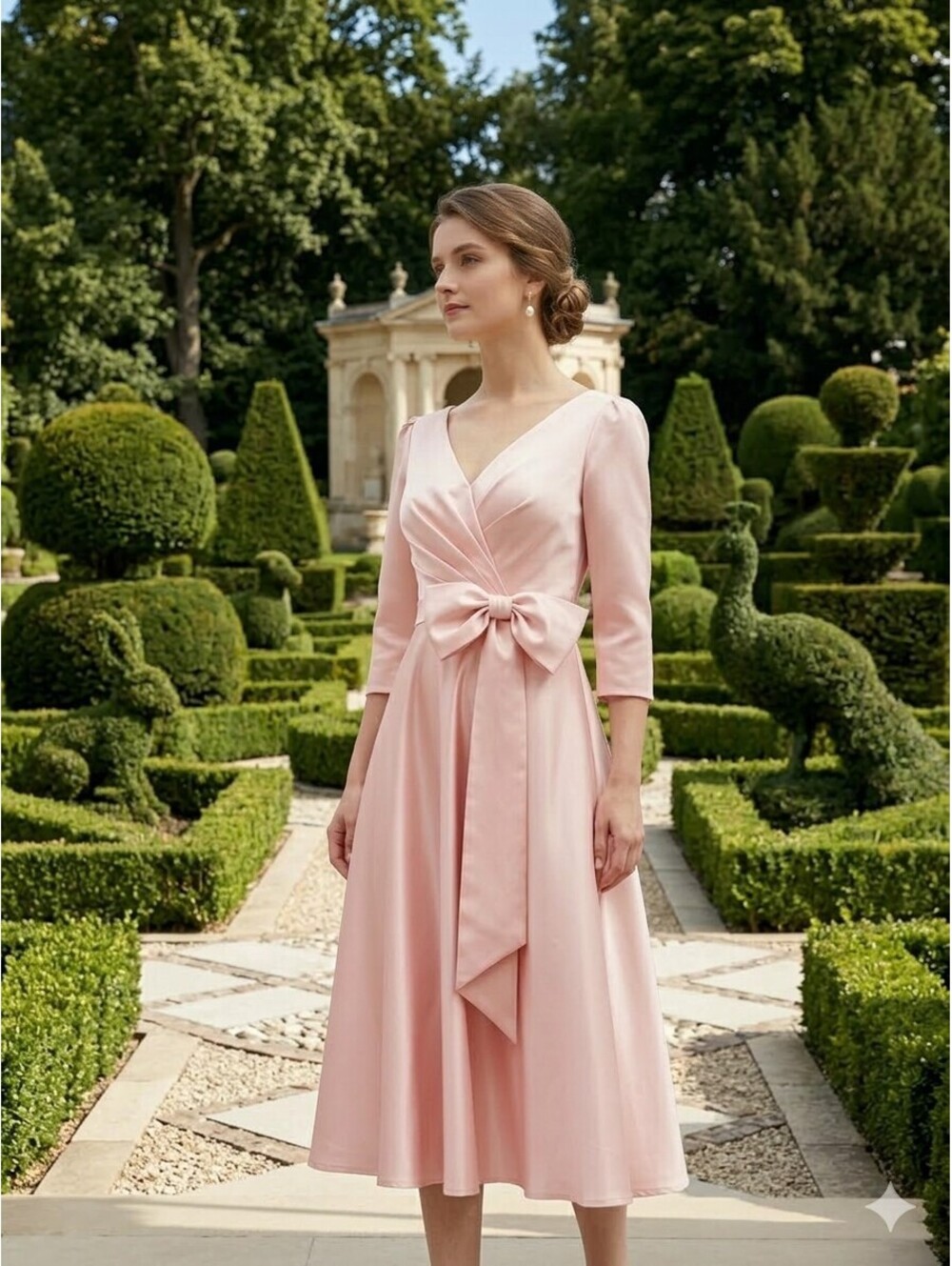 Pink Satin Fit & Flare Midi Dress - Wrap Front with Bow Detail - Size 8